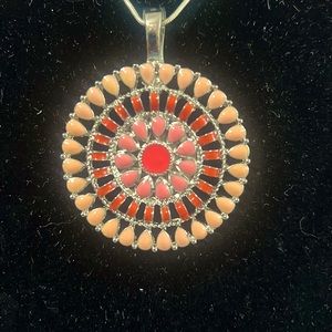 Large silvertone Orange, melon and pinkish color medallion style necklace